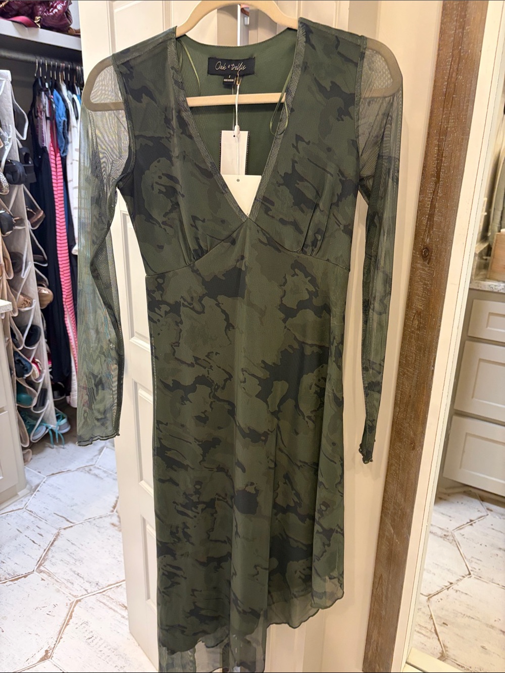 Olive Camo Mesh-Sleeve Long Sleeve Dress